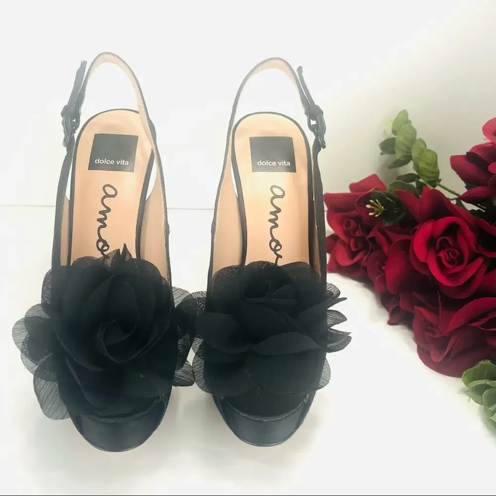 Dolce Vita Amore Platform Stiletto Heels Size 7.5 Black Slingback Open/Peep Toe